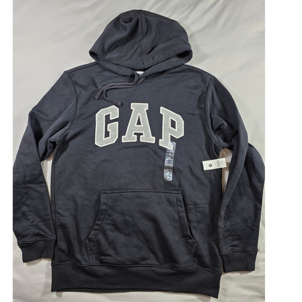 Gap Fleece Pullover Sweatshirt Hoodie Spell Out Men Medium Black Logo NEW